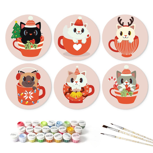 Paint by Numbers – 6 Mini Paintings | Pets in Christmas Cups (Round)
