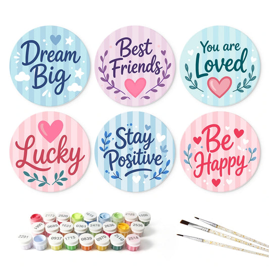 Paint by Numbers – 6 Mini Paintings | Positive Words Rounds (Round)
