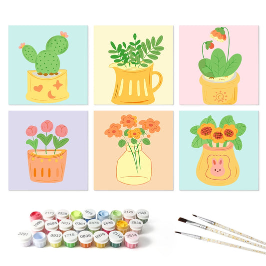 Paint by Numbers – 6 Mini Paintings | Potted Plants in Pastel (Square)