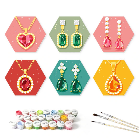 Paint by Numbers – 6 Mini Paintings | Precious Gem Jewelry (Hexagon)