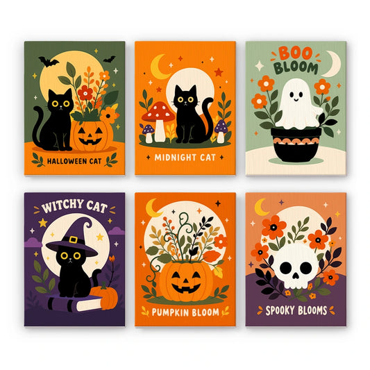Paint by Numbers – 6 Mini Paintings | Pumpkin Bloom Cats and Ghosts Set