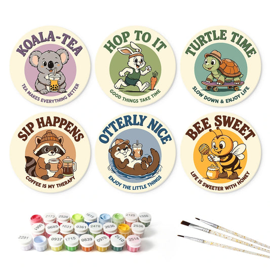 Paint by Numbers – 6 Mini Paintings | Punny Animal Badges (Round)