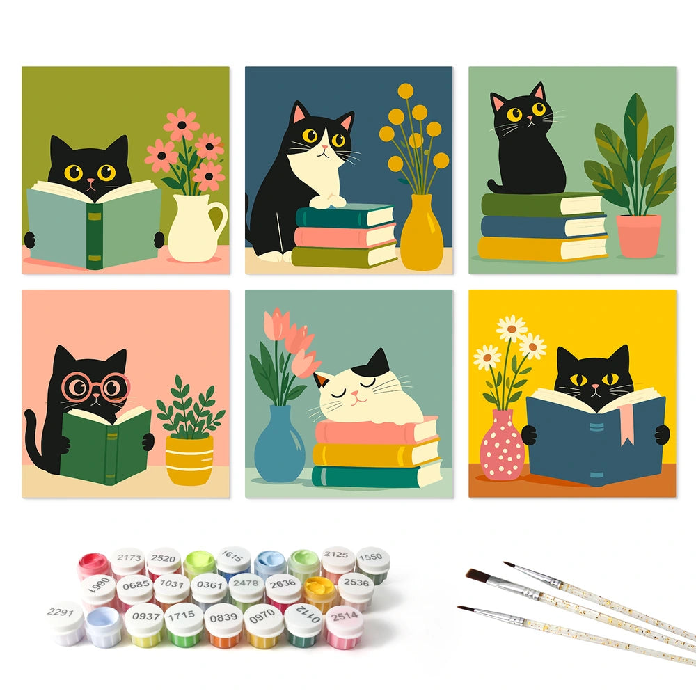 
Paint by Numbers – 6 Mini Paintings | Reading Cats with Books (Square)