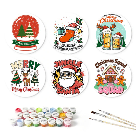 Paint by Numbers – 6 Mini Paintings | Retro Christmas Badges (Round)