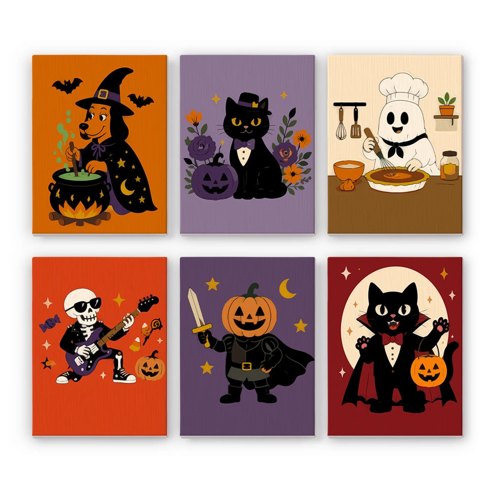 Paint by Numbers – 6 Mini Paintings | Retro Halloween Characters Set