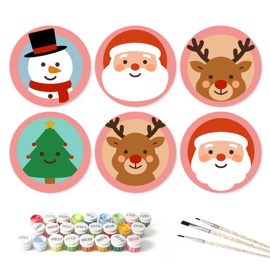 Paint by Numbers – 6 Mini Paintings | Rosy Christmas Faces (Round)