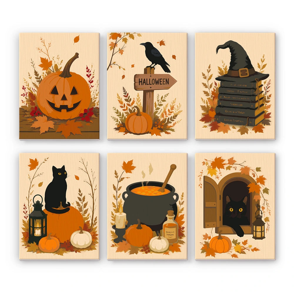 Paint by Numbers – 6 Mini Paintings | Rustic Autumn Halloween Set