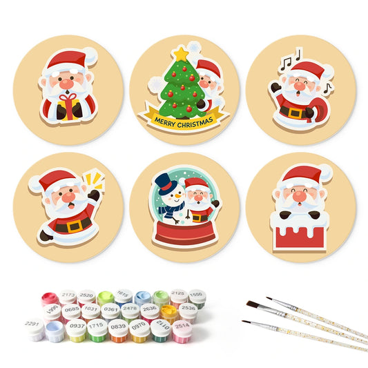 Paint by Numbers – 6 Mini Paintings | Santa Sticker Style (Round)