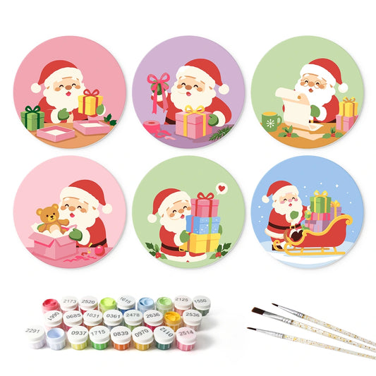 Paint by Numbers – 6 Mini Paintings | Santa Wrapping Presents (Round)