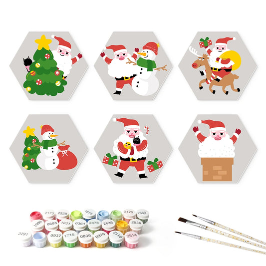 Paint by Numbers – 6 Mini Paintings | Santa and Snowman Scenes (Hexagon)