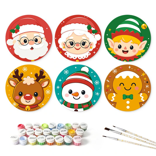 Paint by Numbers – 6 Mini Paintings | Santa's Cheerful Crew (Round)