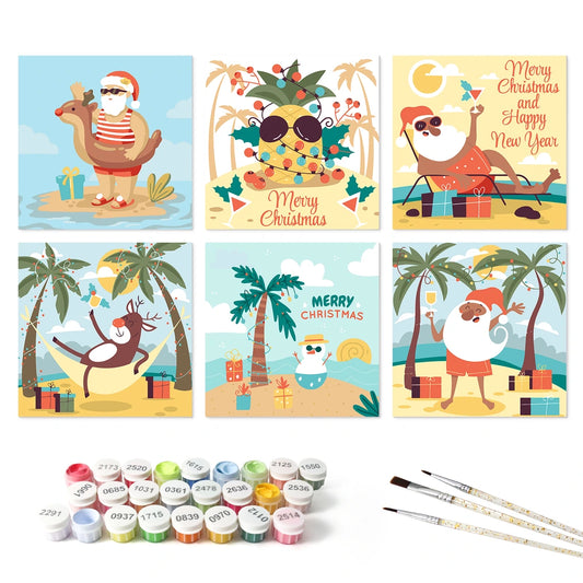Paint by Numbers – 6 Mini Paintings | Santa's Tropical Christmas (Square)