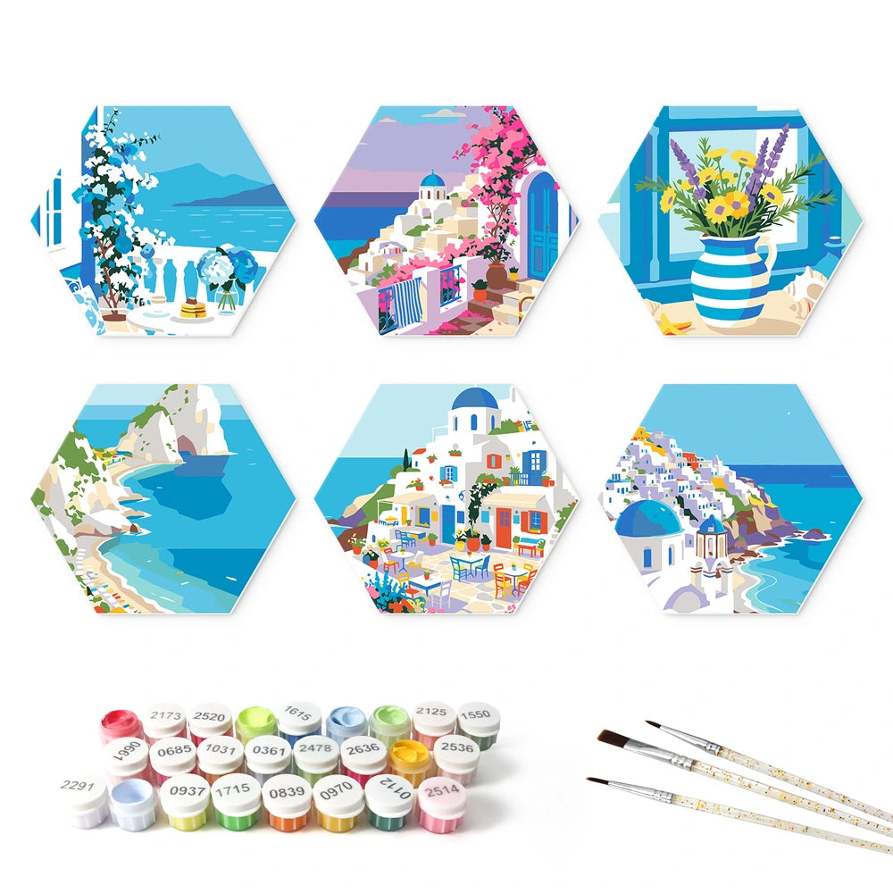 
Paint by Numbers – 6 Mini Paintings | Santorini Island Views (Hexagon)