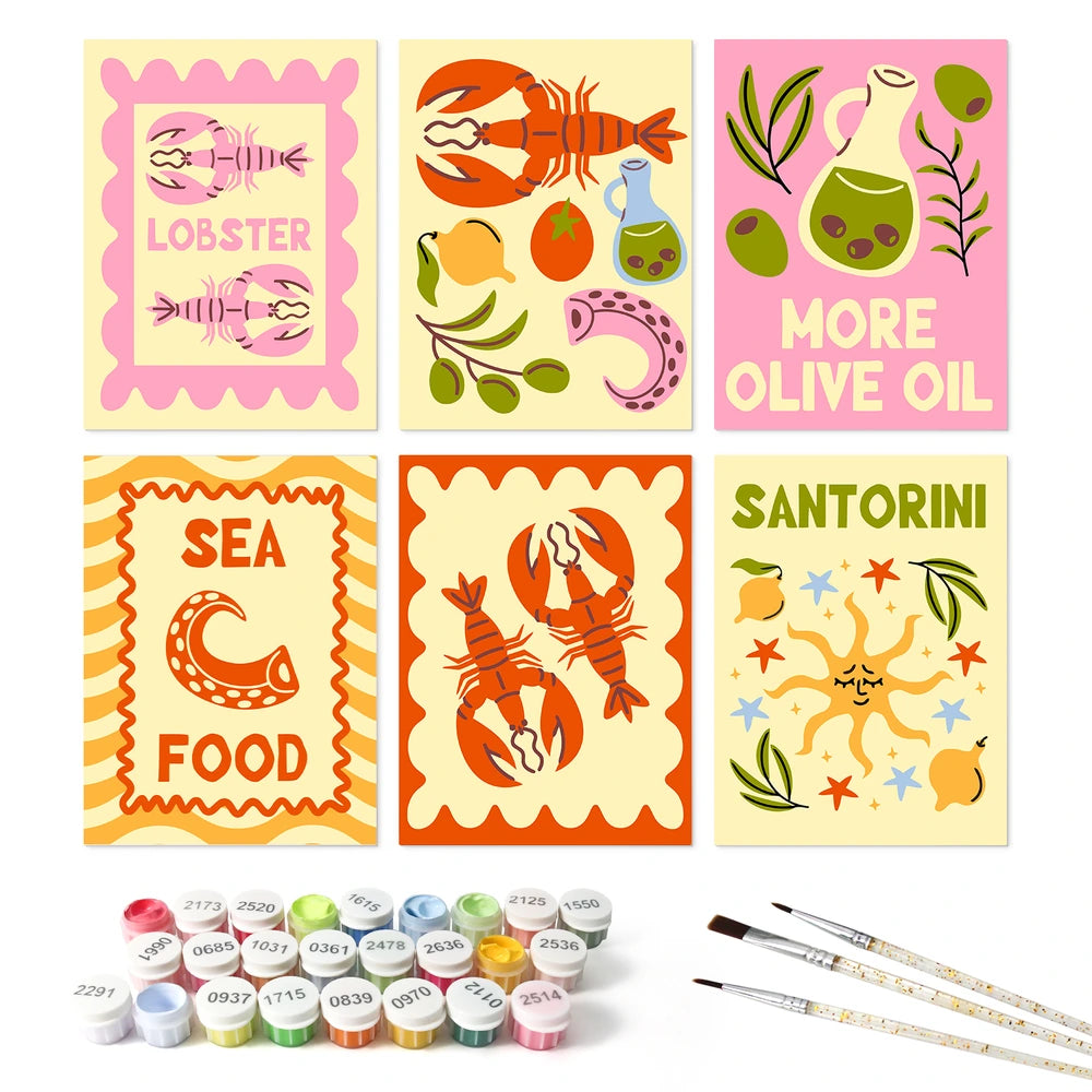 
Paint by Numbers – 6 Mini Paintings | Seafood and Santorini Stamps