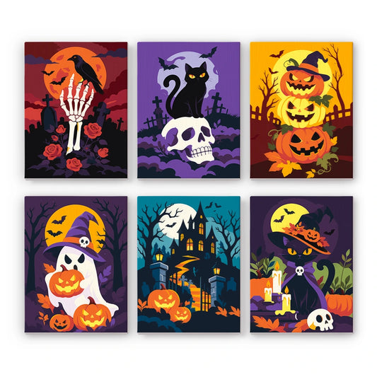 Paint by Numbers – 6 Mini Paintings | Skulls and Pumpkins by Moonlight Set