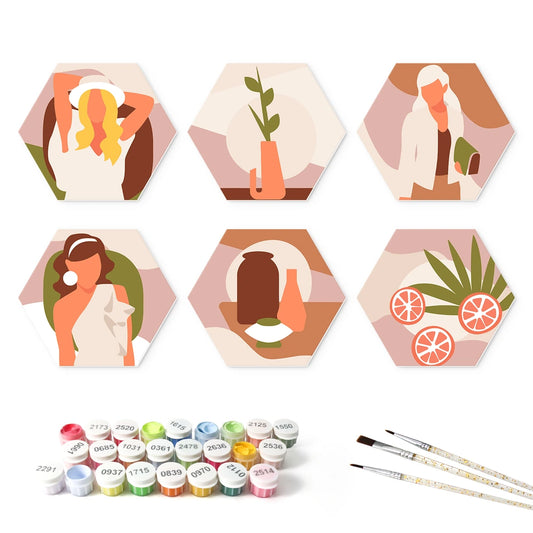 Paint by Numbers – 6 Mini Paintings | Soft Boho Silhouettes (Hexagon)