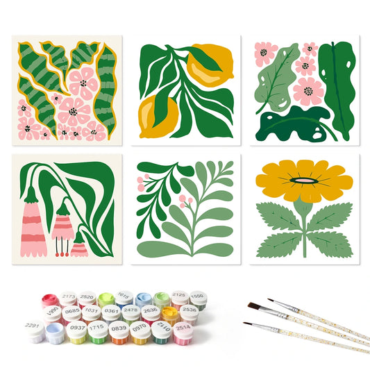 Paint by Numbers – 6 Mini Paintings | Soft Matisse Leaves (Square)