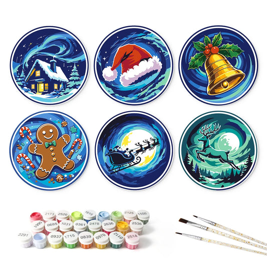 Paint by Numbers – 6 Mini Paintings | Starry Night Christmas Rounds (Round)