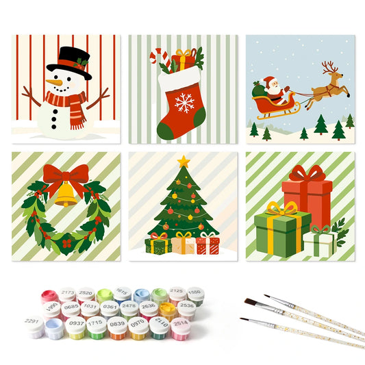 Paint by Numbers – 6 Mini Paintings | Striped Christmas Squares (Square)
