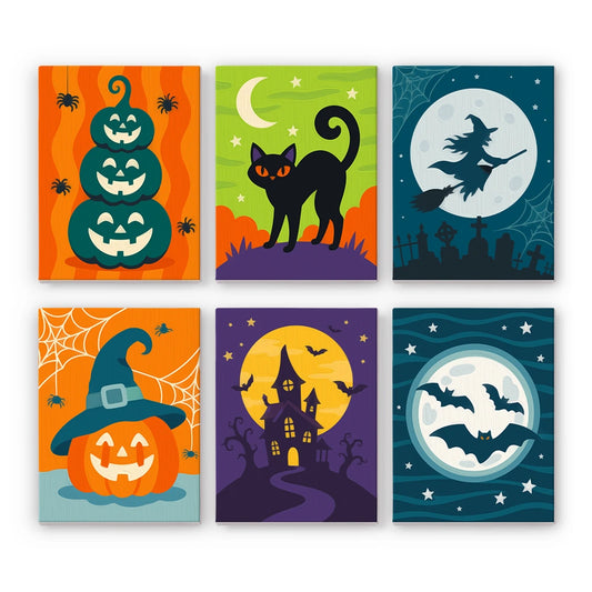Paint by Numbers – 6 Mini Paintings | Teal Jack-o'-Lanterns and Black Cats Set