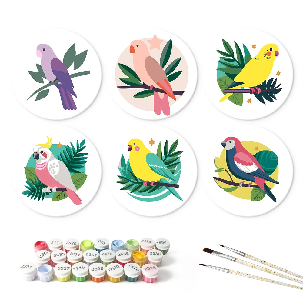
Paint by Numbers – 6 Mini Paintings | Tropical Birds on Branches (Round)