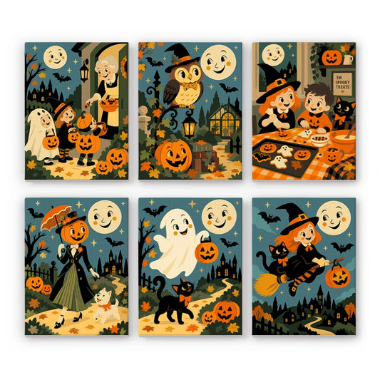 Paint by Numbers – 6 Mini Paintings | Vintage Moon Face Halloween Town Set