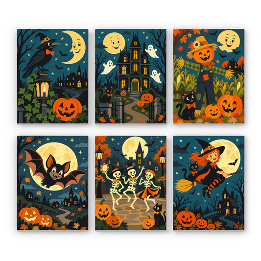 Paint by Numbers – 6 Mini Paintings | Vintage Moon Face Haunted Village Set