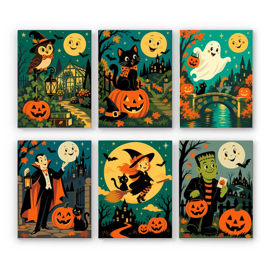 Paint by Numbers – 6 Mini Paintings | Vintage Moon Face Monster Night Set
