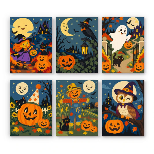 Paint by Numbers – 6 Mini Paintings | Vintage Moon Face Pumpkin Patch Set