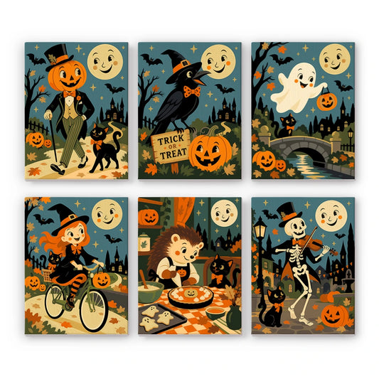 Paint by Numbers – 6 Mini Paintings | Vintage Moon Face Trick or Treaters Set