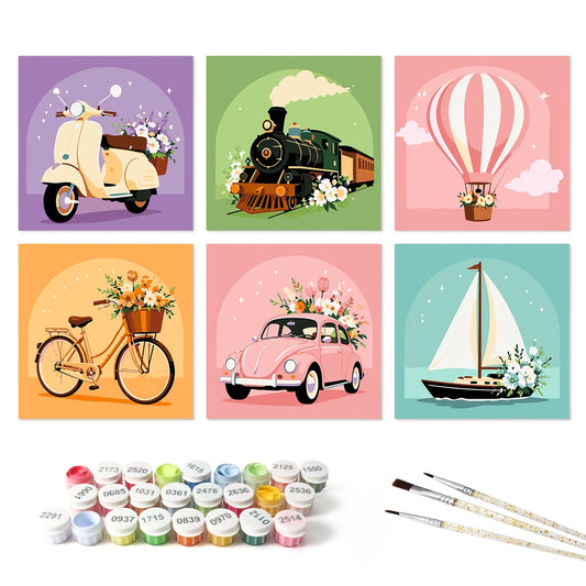 Paint by Numbers – 6 Mini Paintings | Vintage Rides in Bloom (Square)