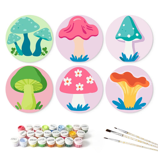 Paint by Numbers – 6 Mini Paintings | Whimsical Mushrooms (Round)