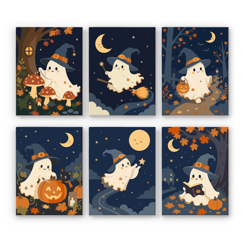 
Paint by Numbers – 6 Mini Paintings | Witch Hat Ghosts at Night Set