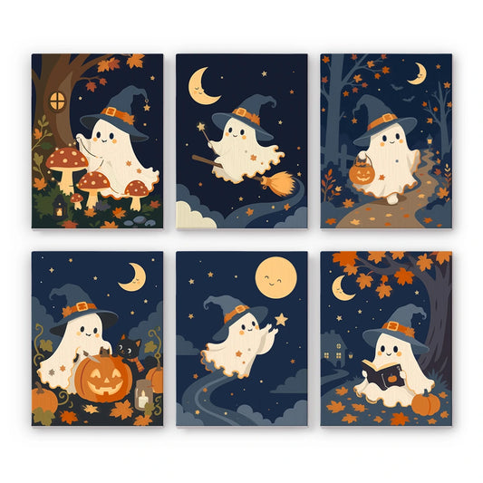 Paint by Numbers – 6 Mini Paintings | Witch Hat Ghosts at Night Set