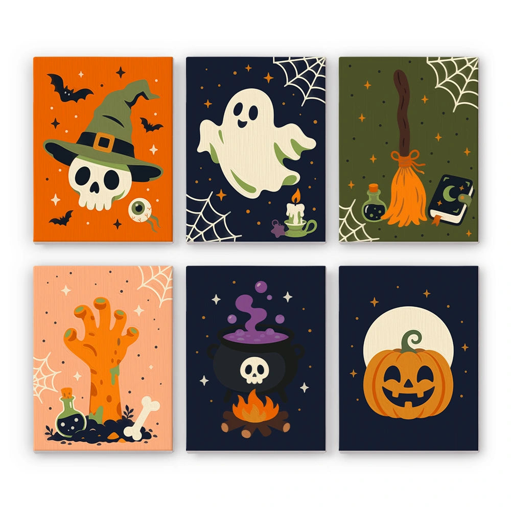 Paint by Numbers – 6 Mini Paintings | Witch Hat Skull and Broomstick Set