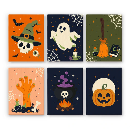Paint by Numbers – 6 Mini Paintings | Witch Hat Skull and Broomstick Set