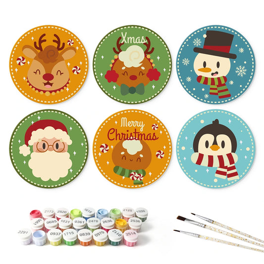 Paint by Numbers – 6 Mini Paintings | Xmas Reindeer and Friends (Round)