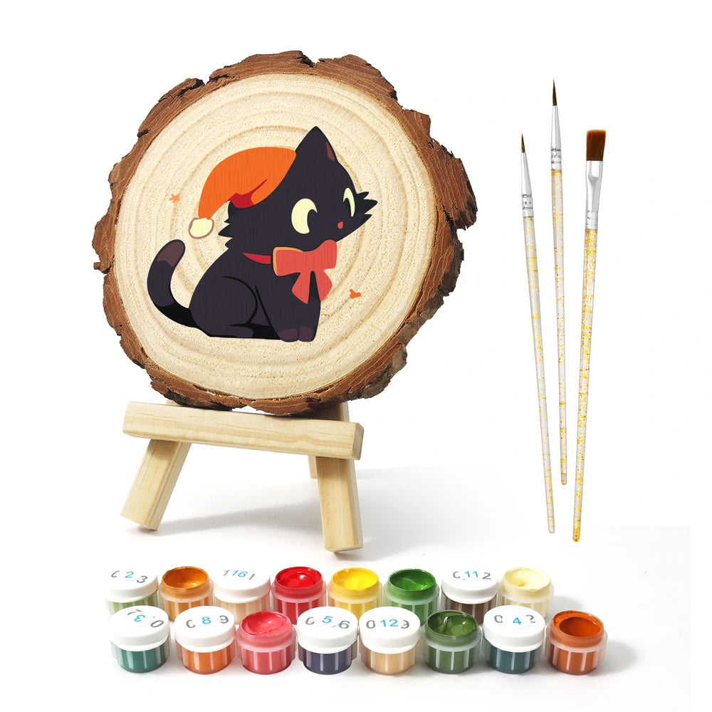 Paint by Numbers - Wood Slice | Black Cat with an Orange Hat