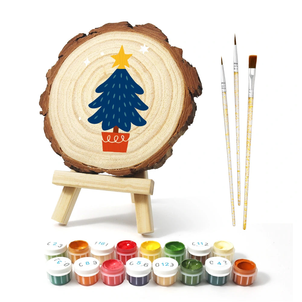 
Paint by Numbers - Wood Slice | Blue Tree in a Pot
