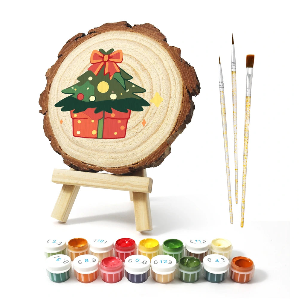 
Paint by Numbers - Wood Slice | Christmas Tree with Presents