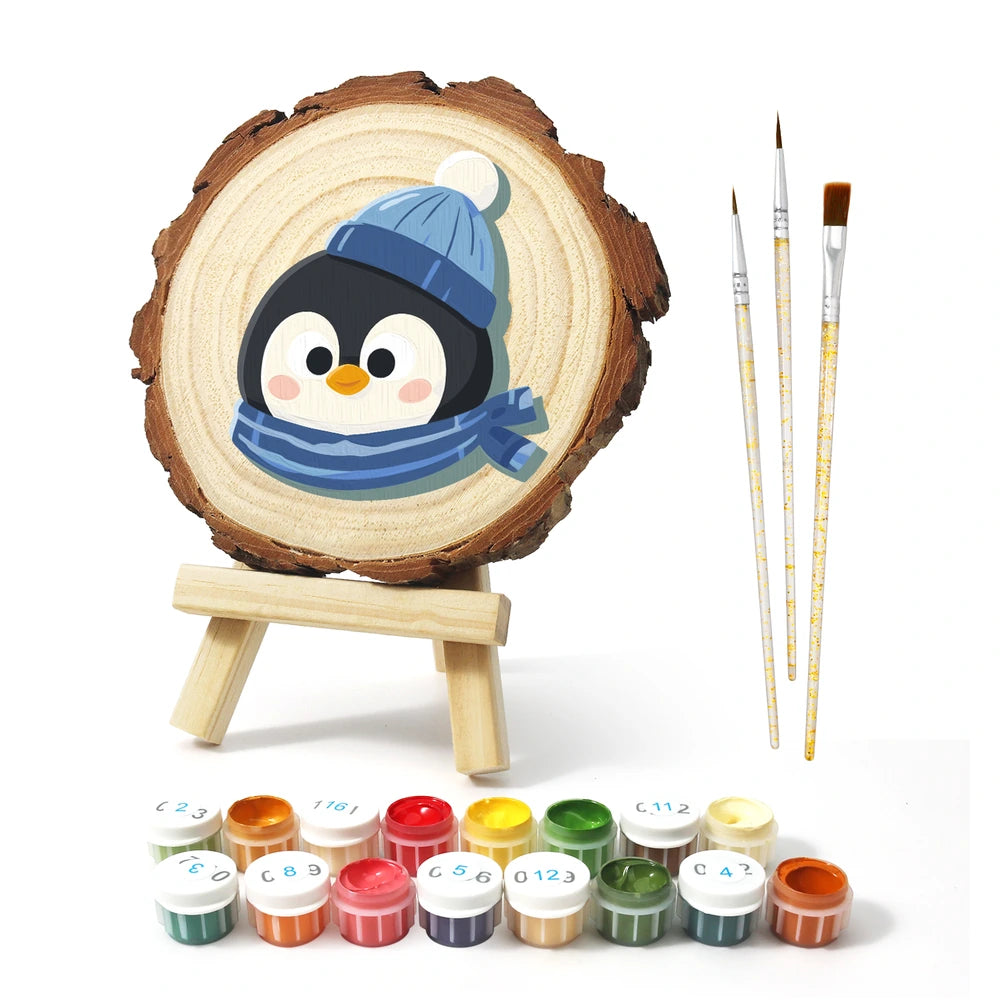 
Paint by Numbers - Wood Slice | Penguin in a Blue Hat
