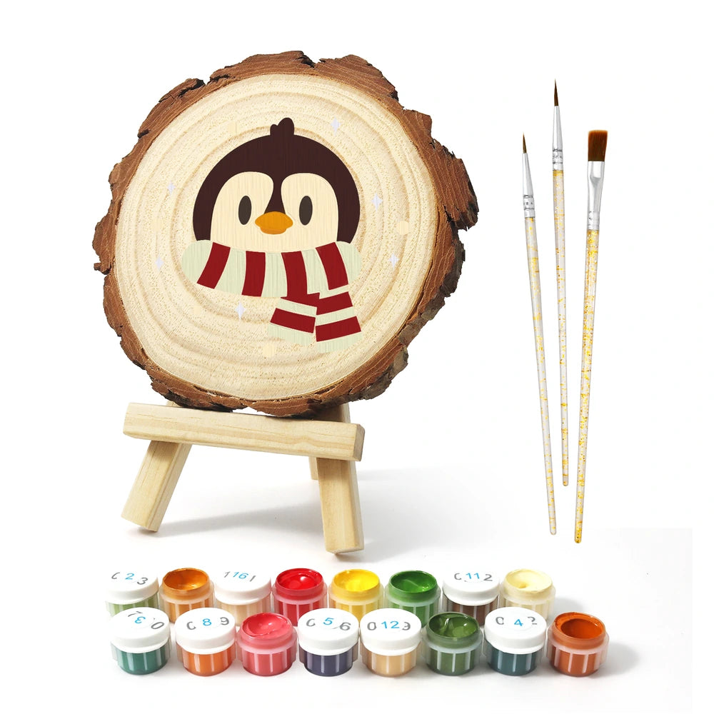 
Paint by Numbers - Wood Slice | Penguin in a Striped Scarf