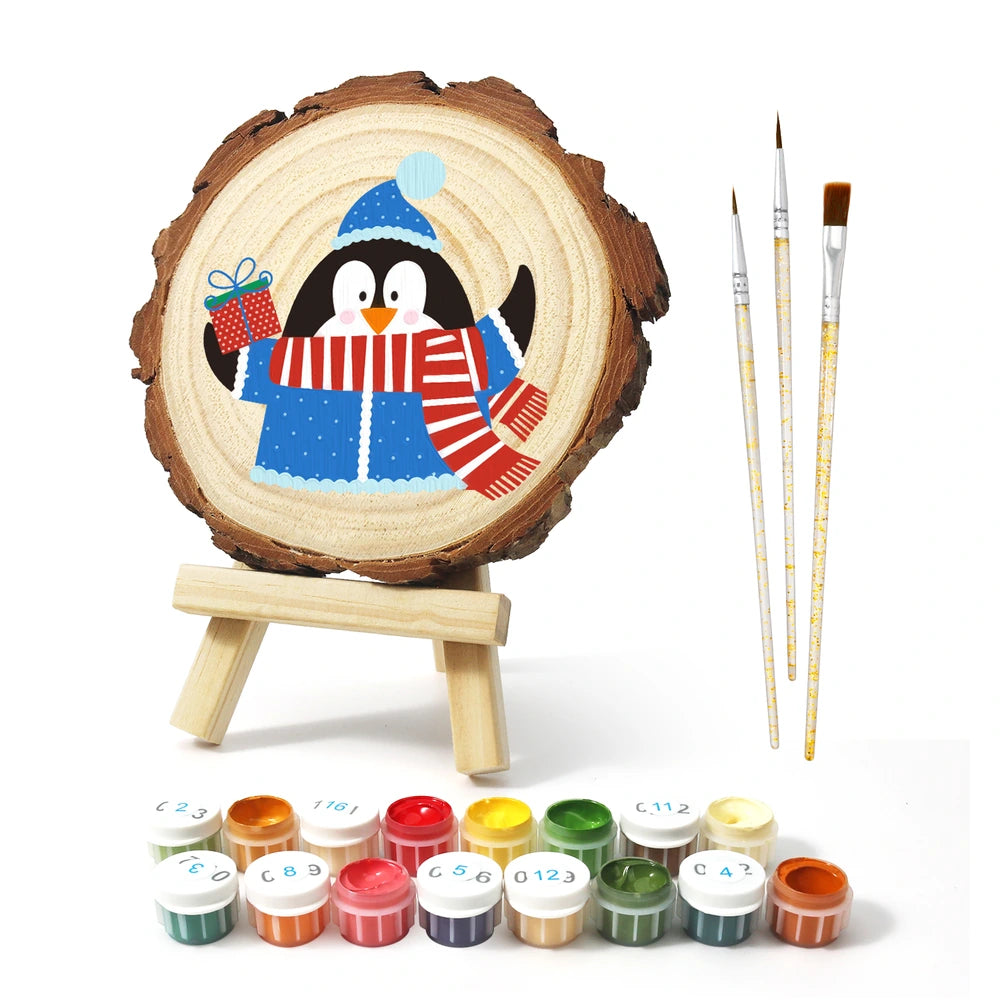 
Paint by Numbers - Wood Slice | Penguin with a Gift