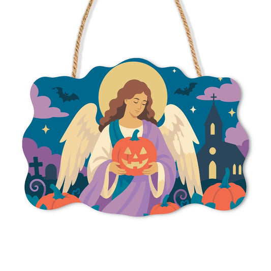 Paint by Numbers - Wooden Door Hanger | Angel with a Jack-o'-Lantern
