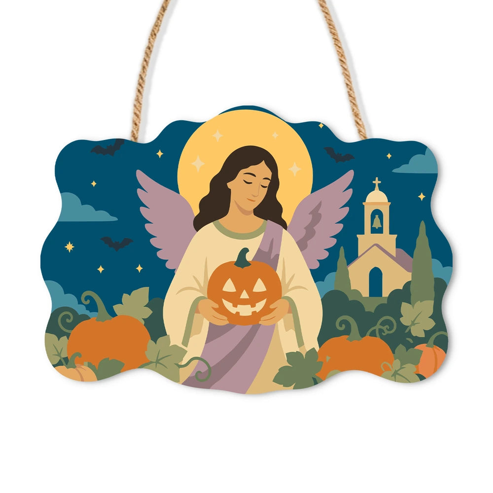 Paint by Numbers - Wooden Door Hanger | Angel with a Jack-o'-Lantern by the Church