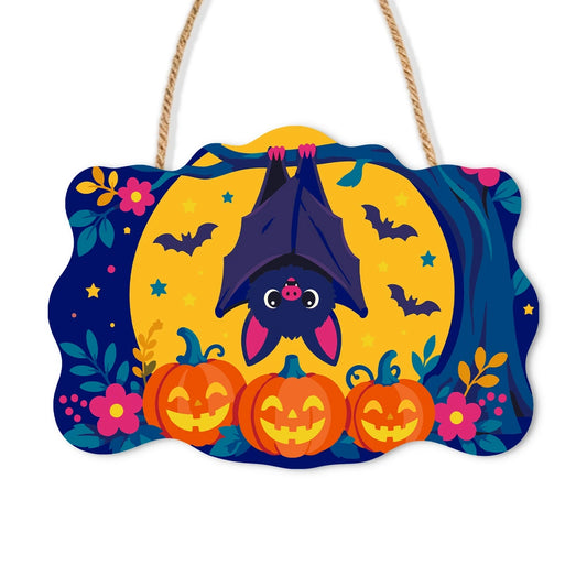 Paint by Numbers - Wooden Door Hanger | Bat Hanging Over the Pumpkins