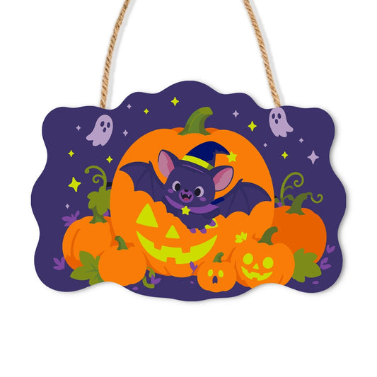 Paint by Numbers - Wooden Door Hanger | Bat in a Witch Hat with Pumpkins