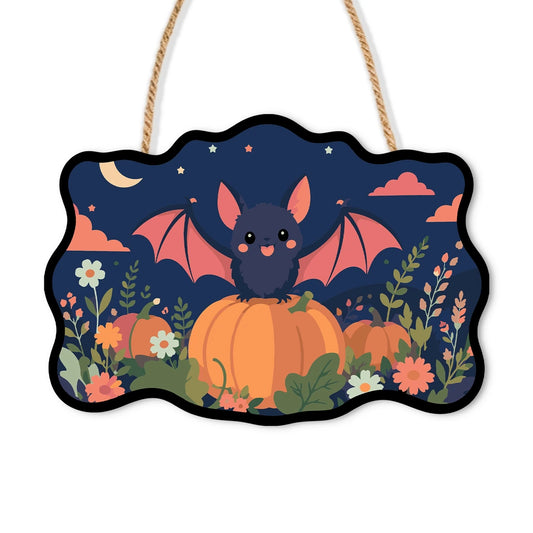 Paint by Numbers - Wooden Door Hanger | Bat on Pumpkins at Dusk