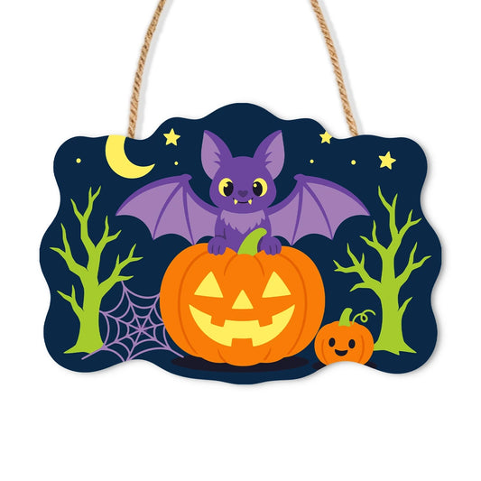 Paint by Numbers - Wooden Door Hanger | Bat on a Pumpkin Under the Moon