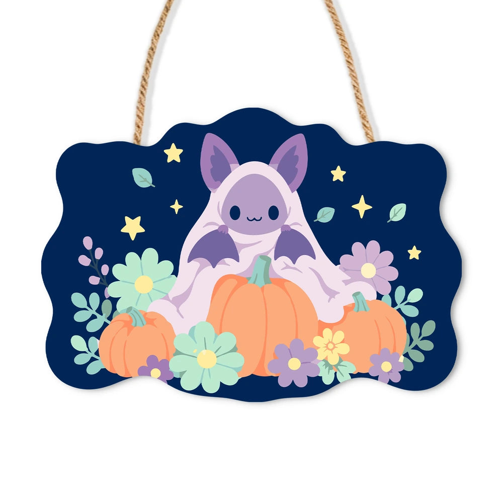 
Paint by Numbers - Wooden Door Hanger | Bat on a Pumpkin with Flowers